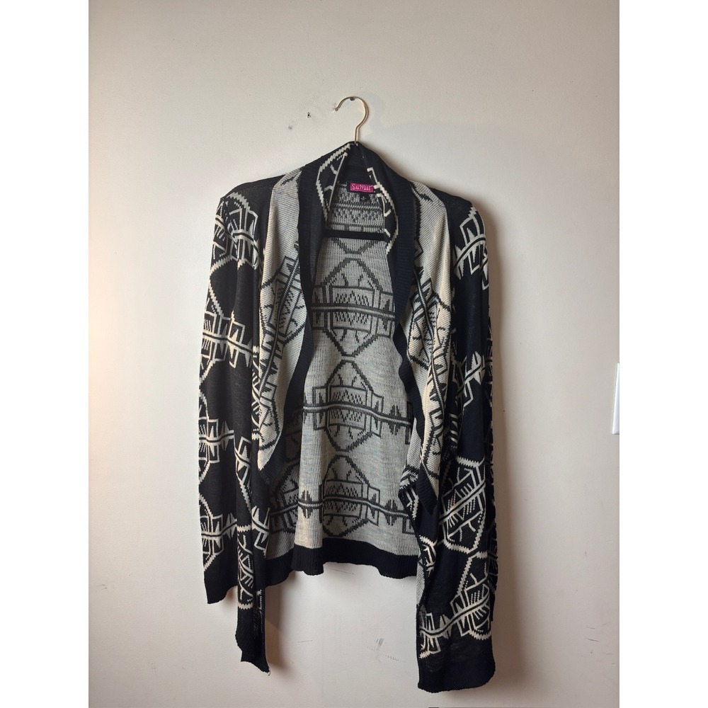 Womens M Sweater Beige Black Aztec Open Front Knitted Cardigan